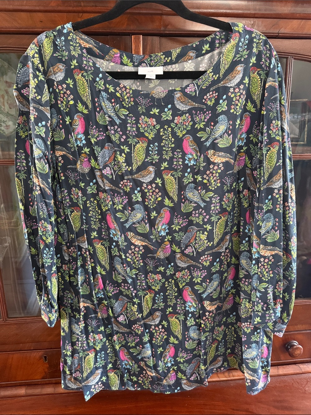 J. Jill Navy Tunic with Multicolor Bird & Floral Print